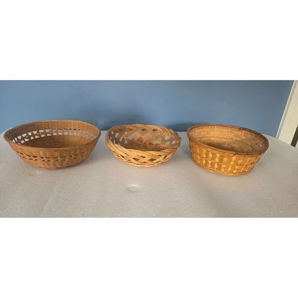 Vintage Woven Wicker Basket Set of 3 Natural Wood Boho Home Decor Organizers